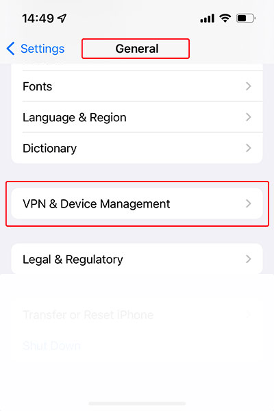 AHAspeed ios install custom enterprise app, step 2 - go to vpn & device management page